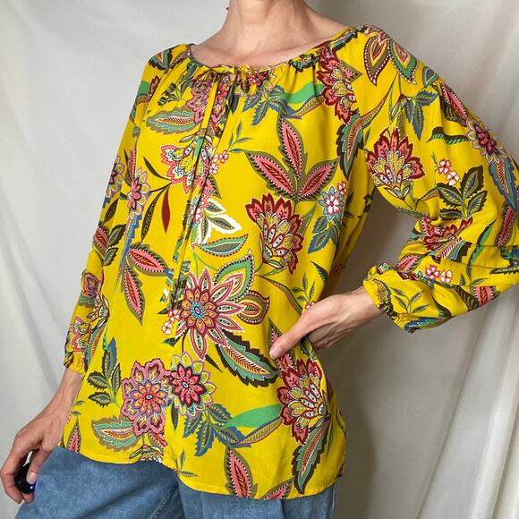 Johnny Was 100% silk Anka floral paisley print peasant top blouse shirt yellow S - Picture 11 of 17